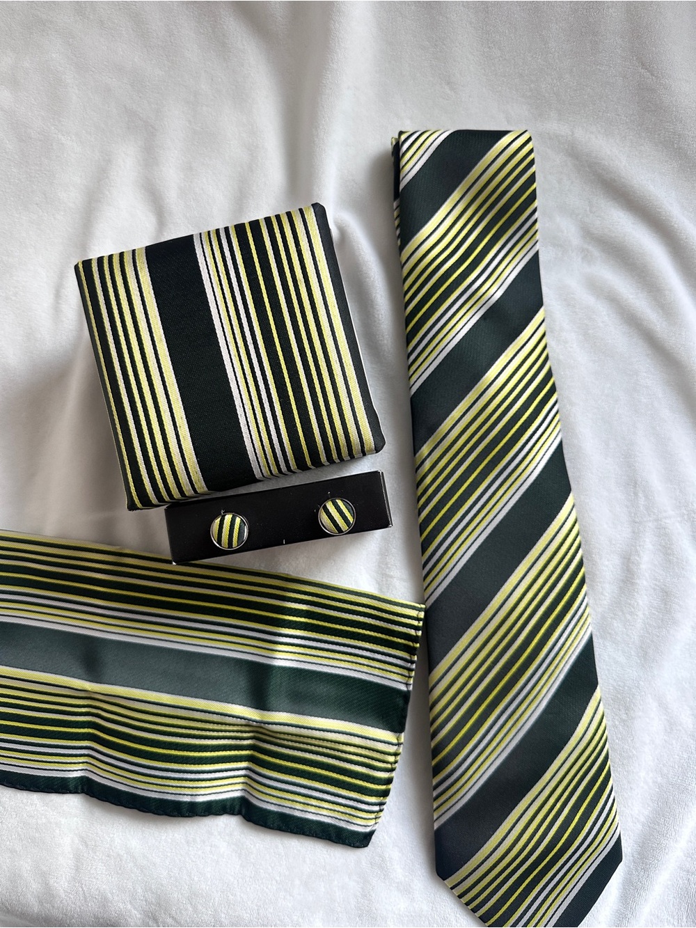Men's Green and Yellow Stripe Tie Set